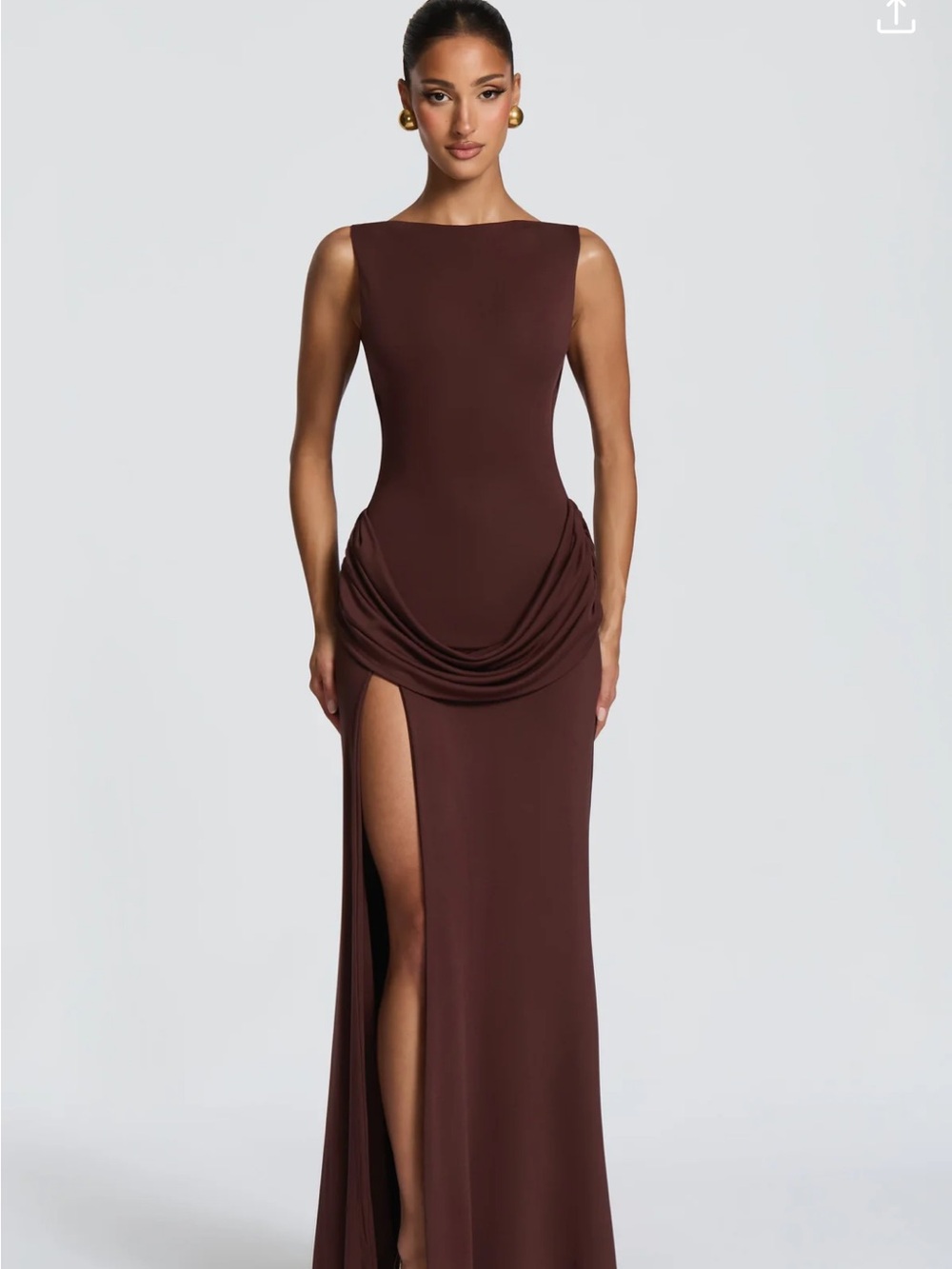 One-Shoulder Chocolate Brown Draped Evening Gown